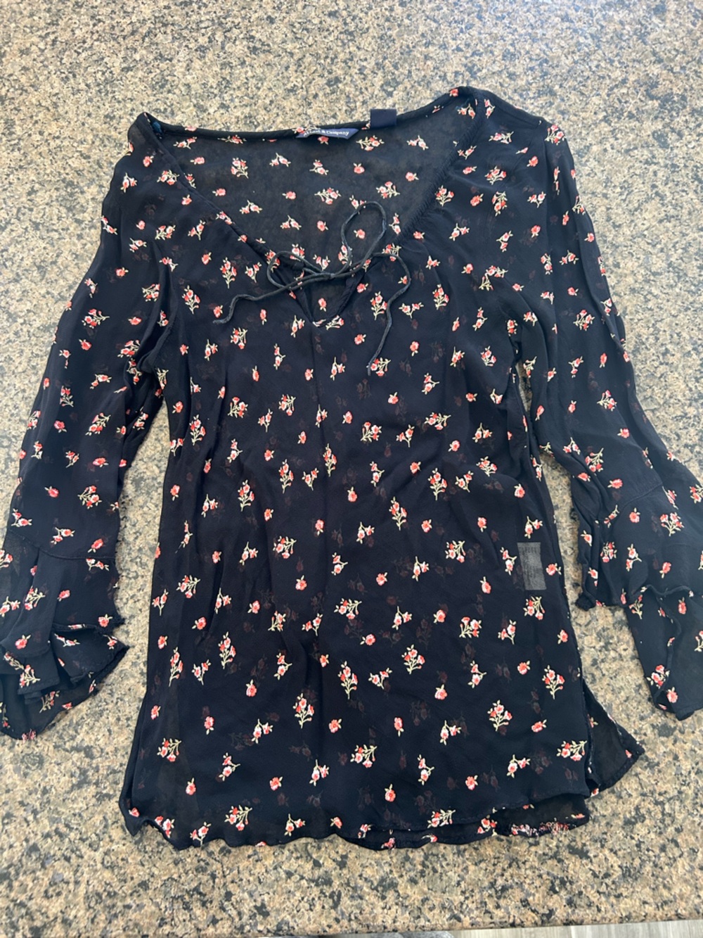 Black Floral Tie-Front Long-Sleeve Blouse
